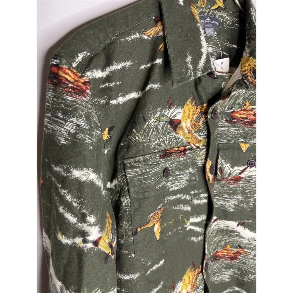 New LL Bean Slim Fit Green Duck Print Flannel Button Down Shirt Large L